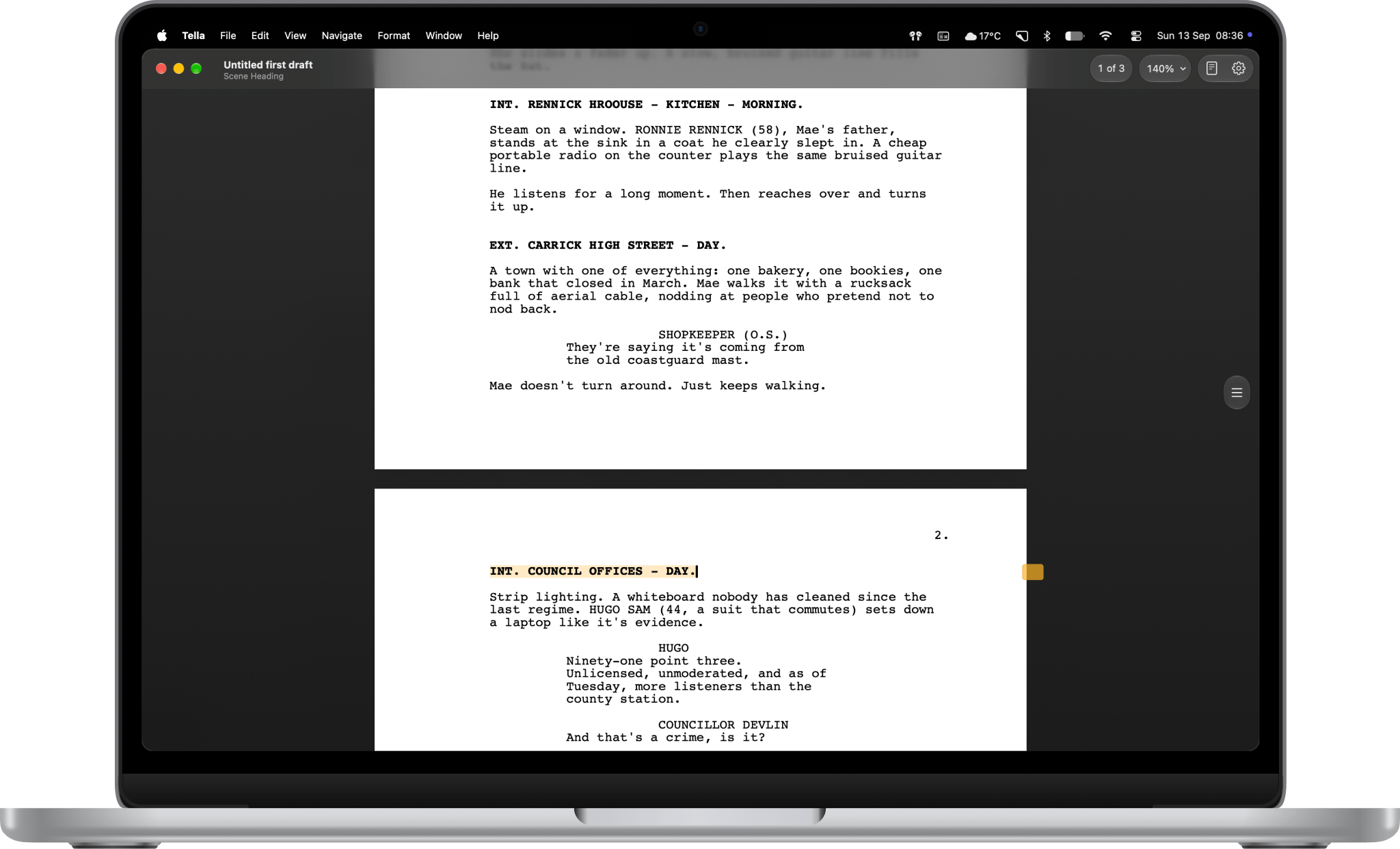 Tella screenplay editor on a silver MacBook