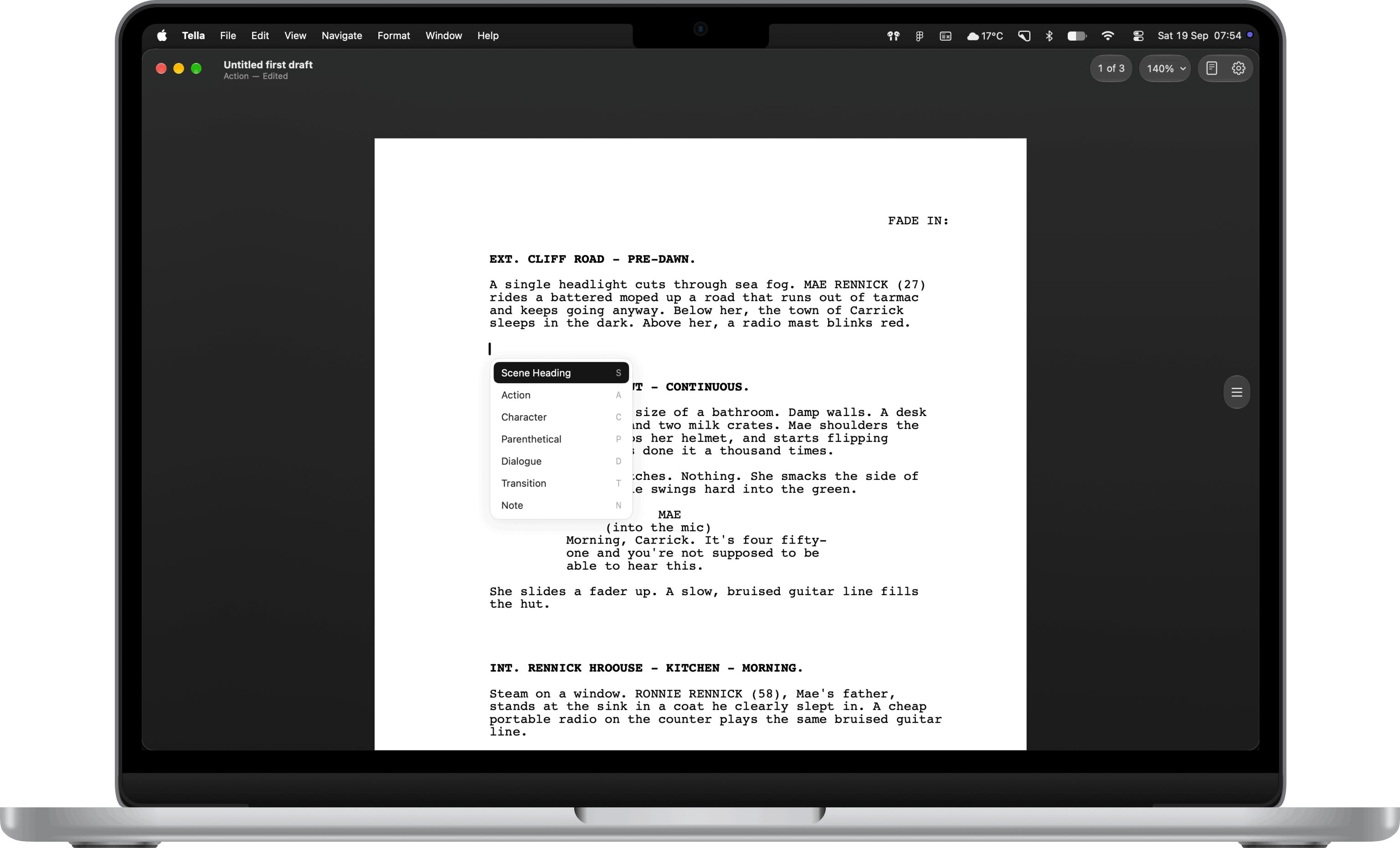 Tella screenplay editor on a MacBook air
