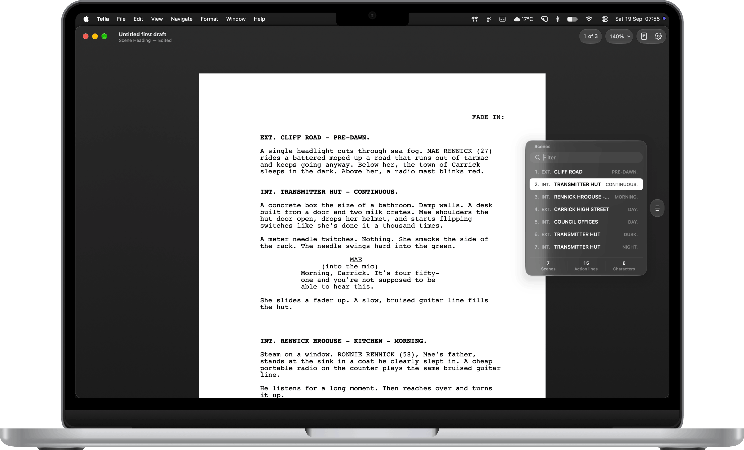Tella screenplay editor on a MacBook air