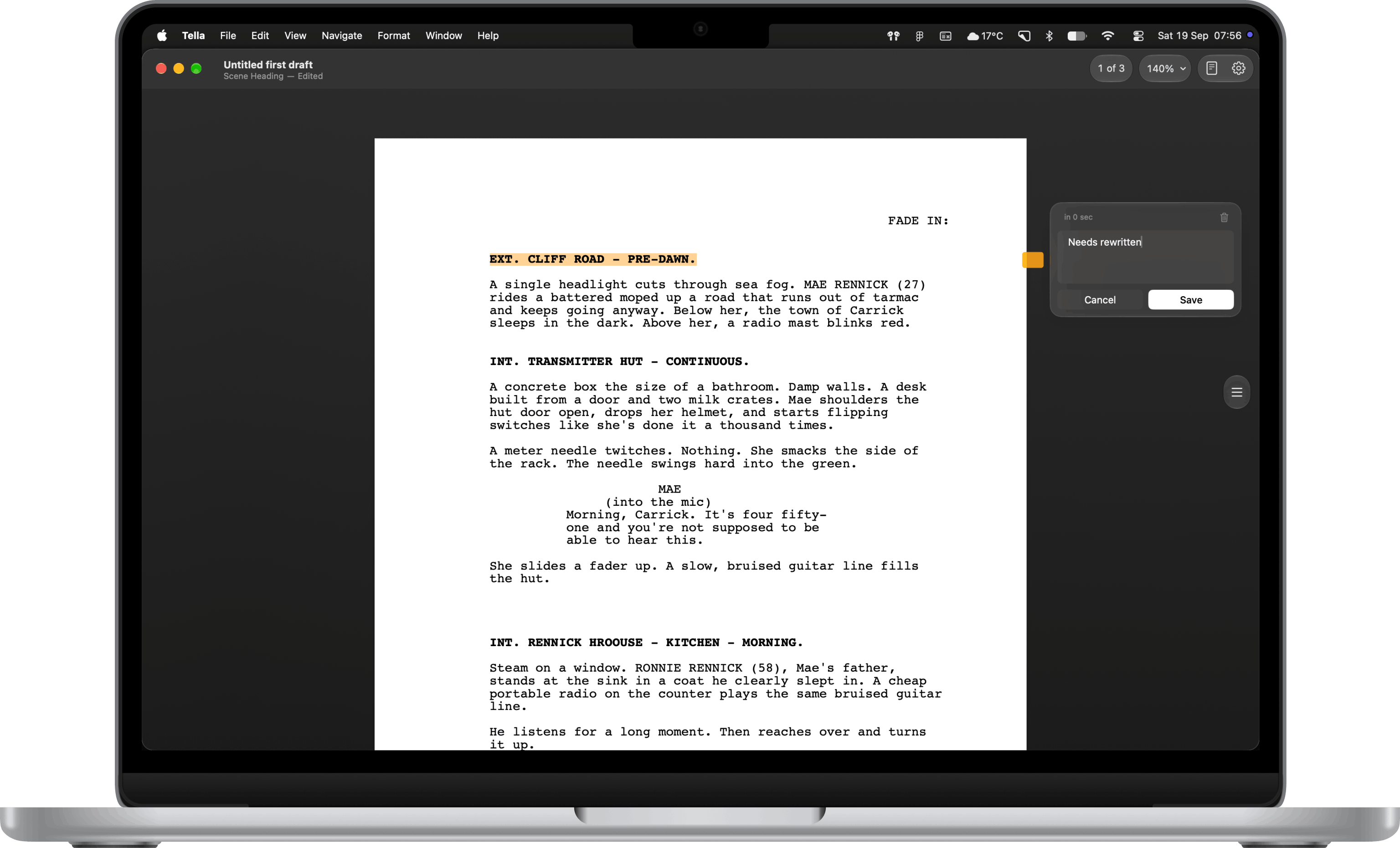 Tella screenplay editor on a MacBook air