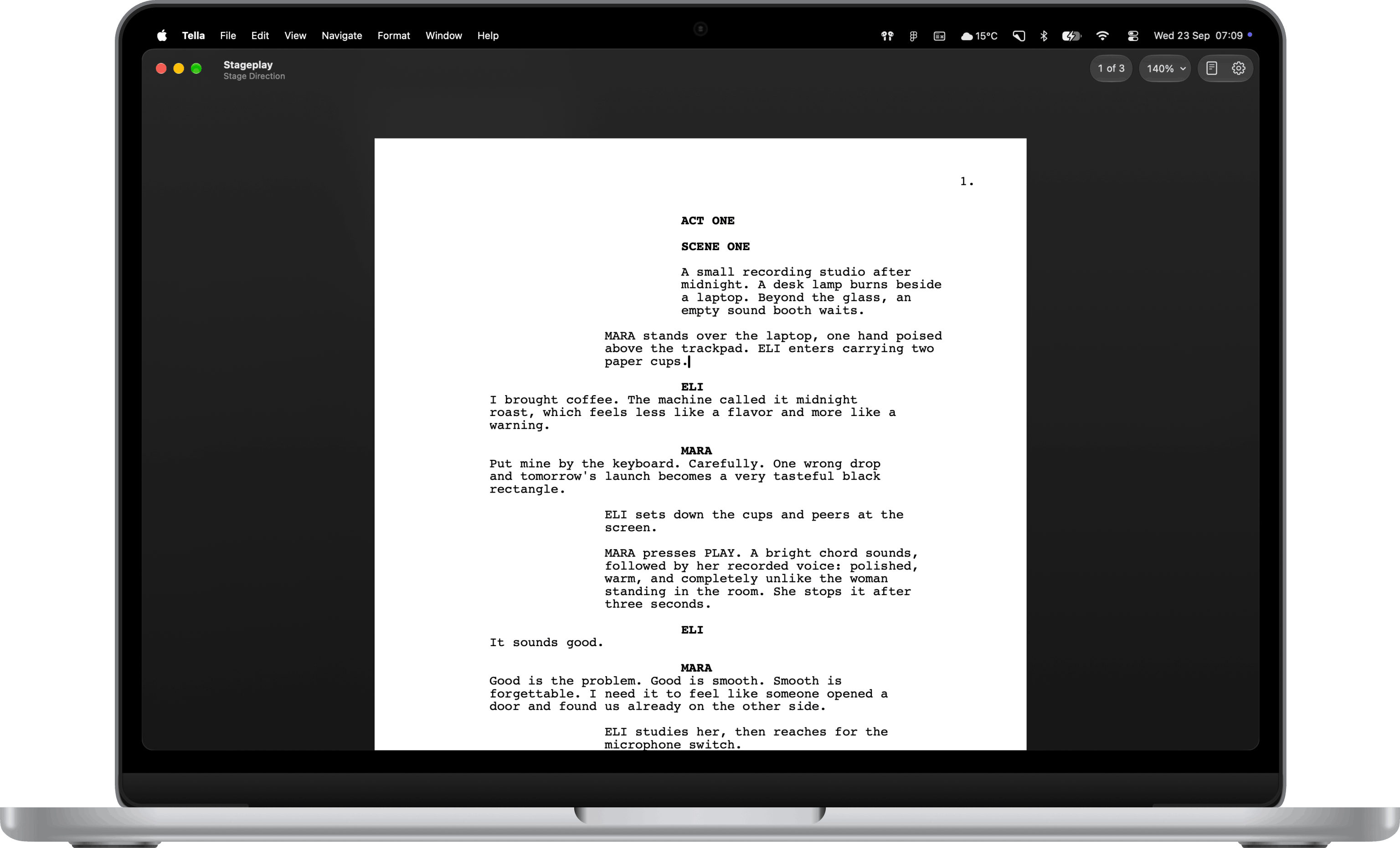 Tella stageplay editor on a MacBook air