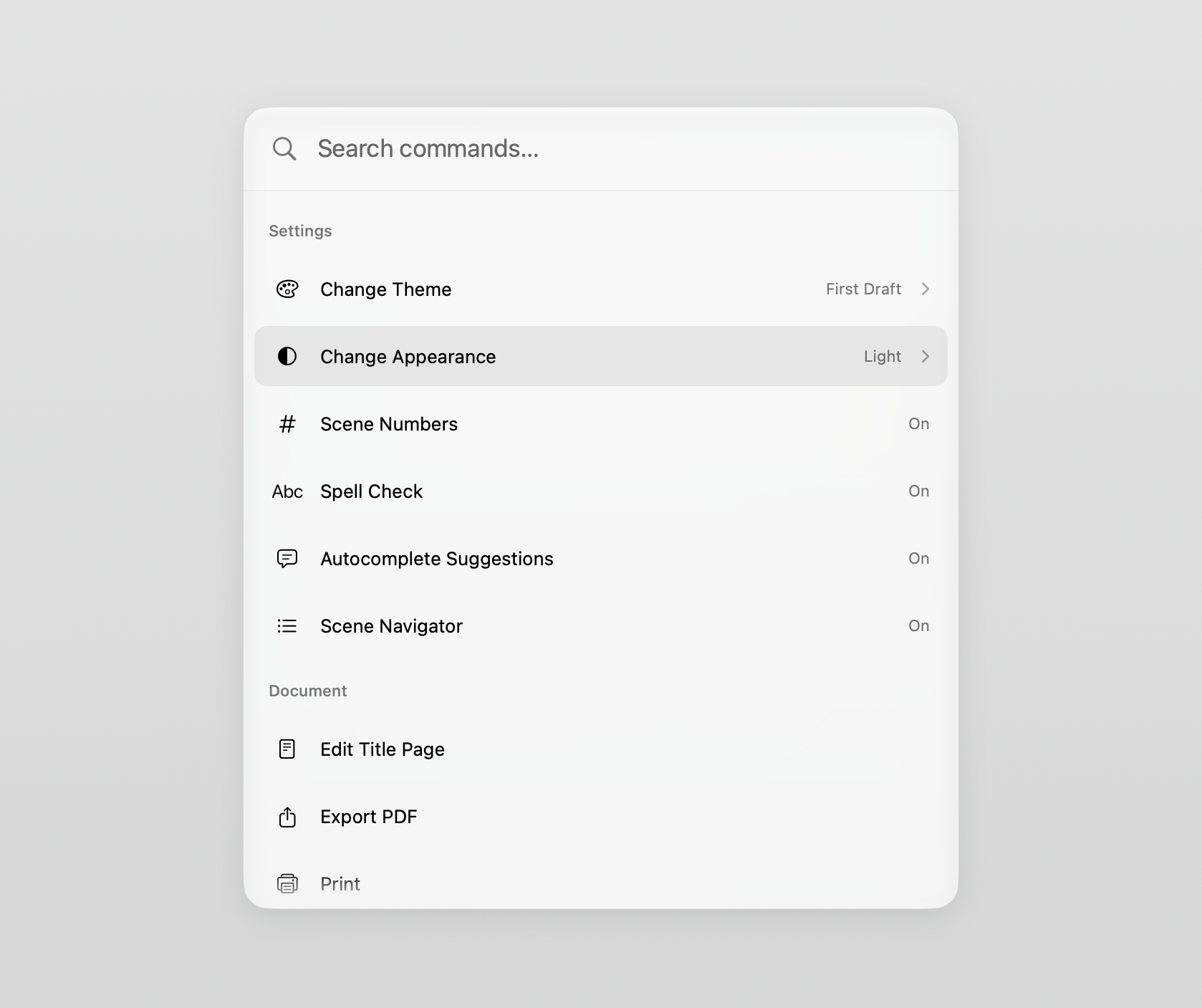 Tella command palette showing settings and document actions