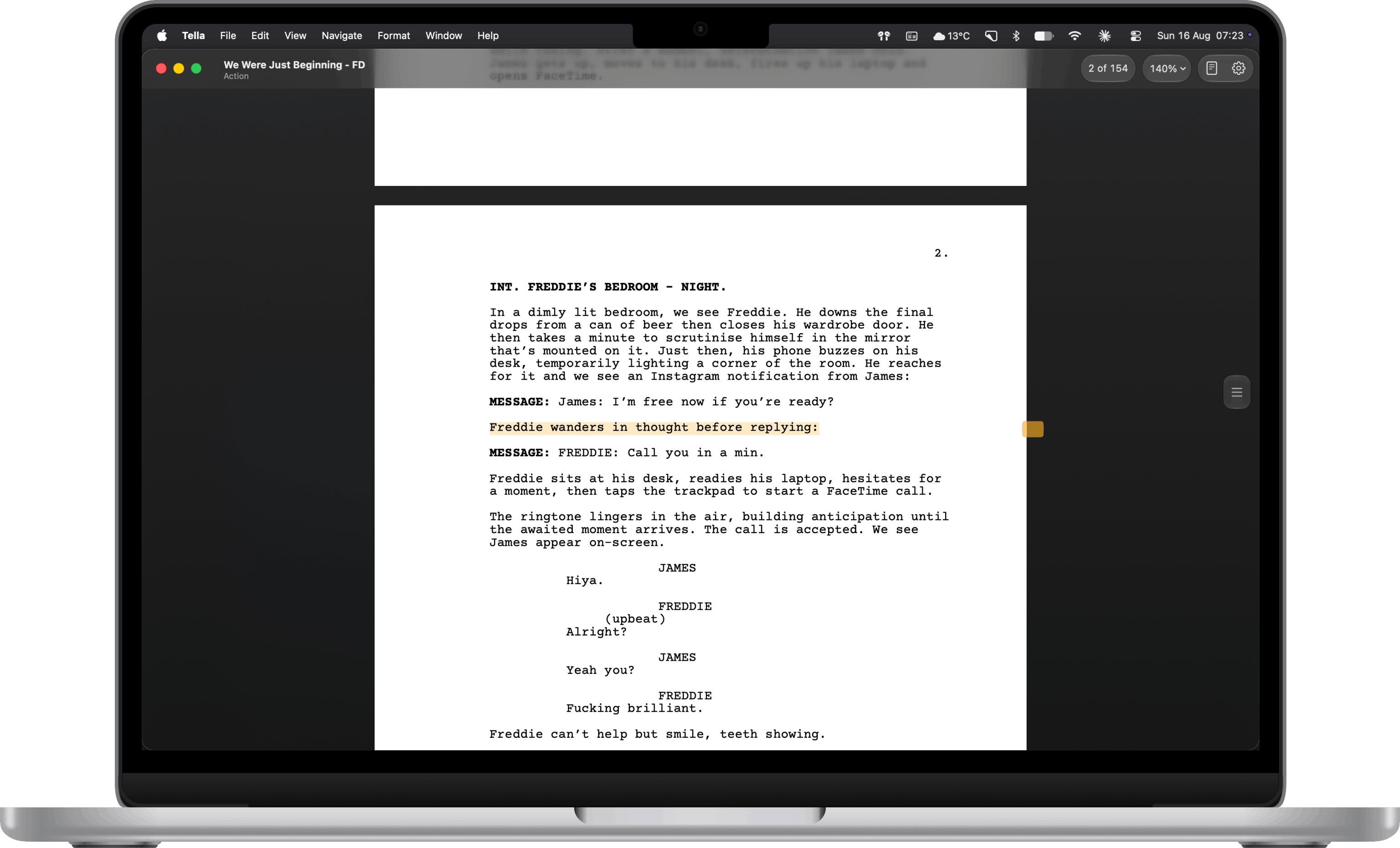 Tella screenplay editor on a MacBook