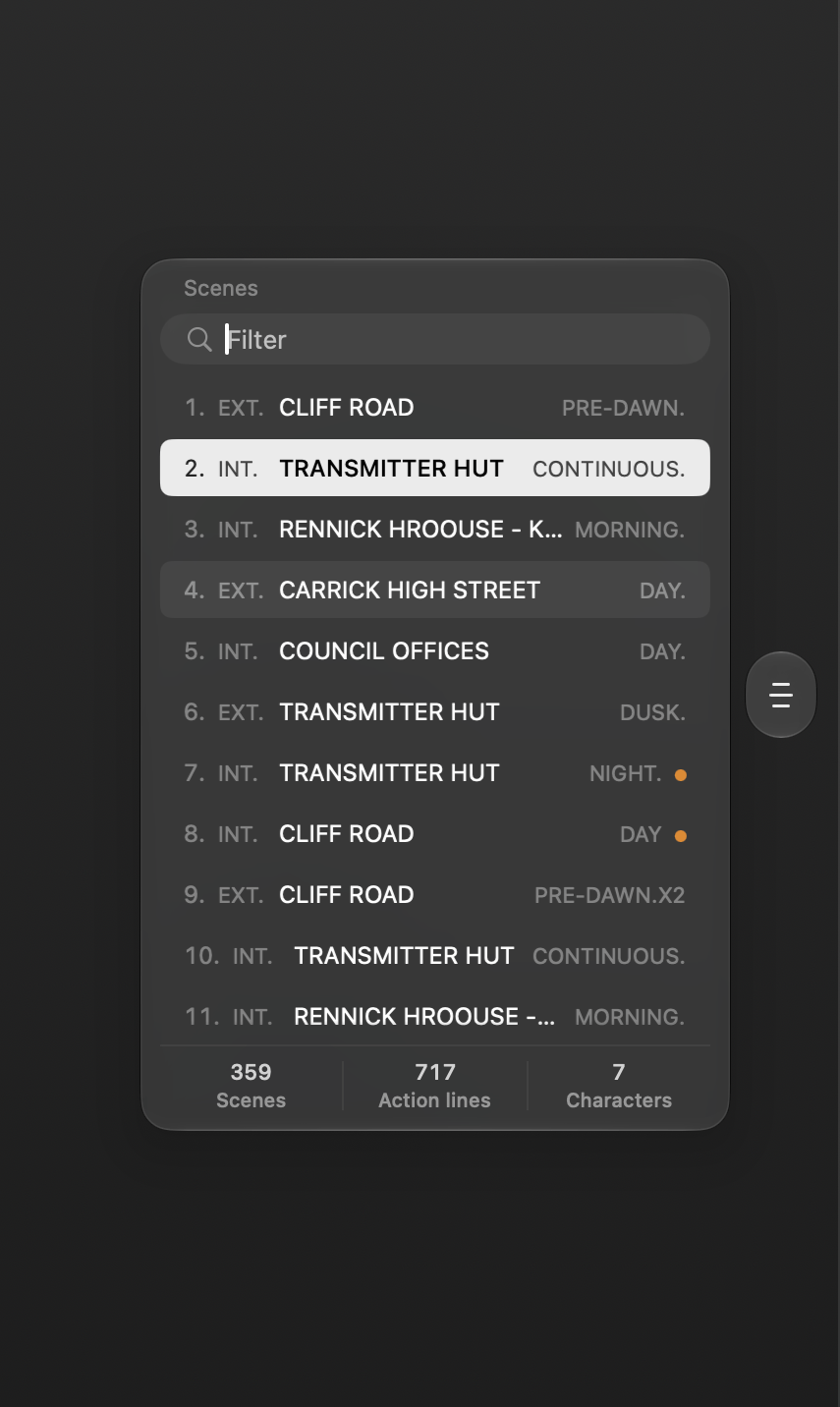 Tella screenplay editor with scene navigation open